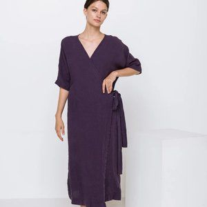 Violet purple linen wrap dress midi length loose fit M or L